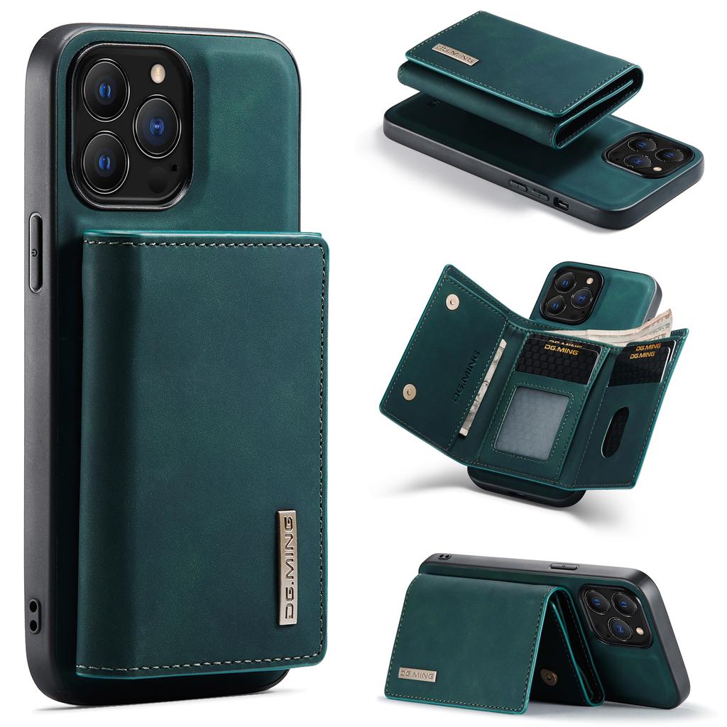 DG.MING M1 Series for iPhone 16 Pro Case Kickstand PU Phone Cover with Detachable Wallet