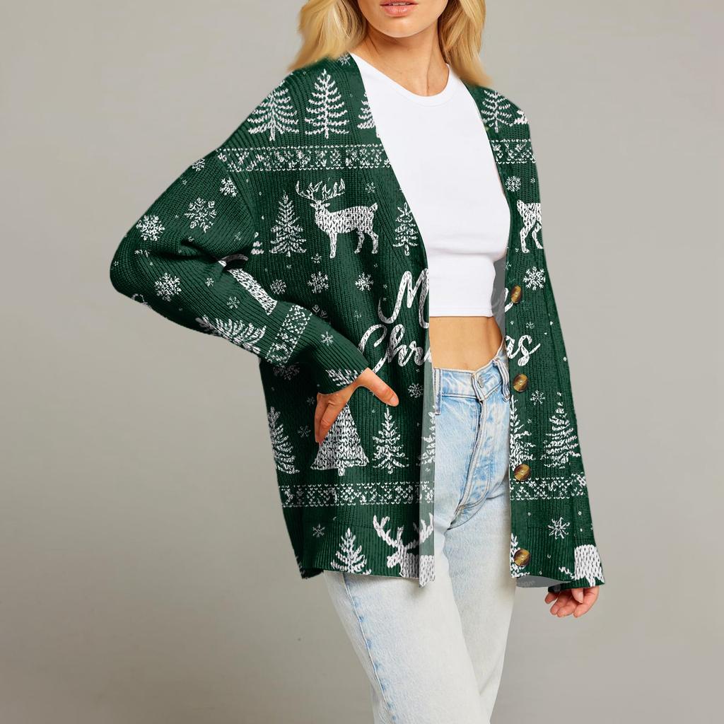 Women's Fashion Long Sleeve Christmas Print V-Neck Button Loose Cardigan Top