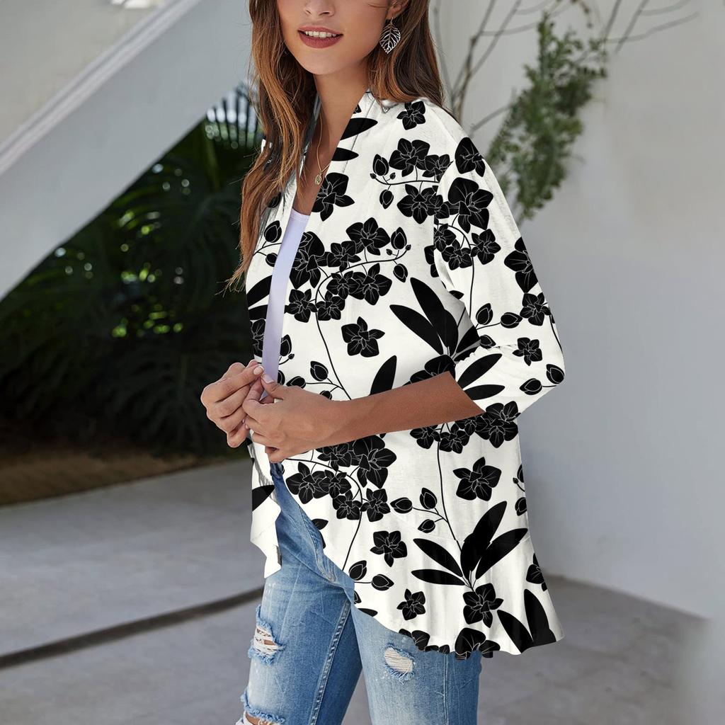 Women's Light And Thin Coat, Three-quarter Sleeve Printed Ruffled Cardigan