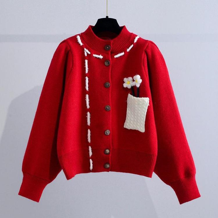 Japanese Loose Student Knitted Sweater Jacket Women Spring New Three Dimensional Flower Design Age Reducing