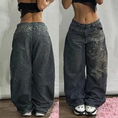 Amerikaanse Nieuwe Mode Geometrisch Patroon Geborduurde Baggy Jeans Dames Y2K Harajuku Vintage Hip-hop Populair Casual Wijde Pijpen