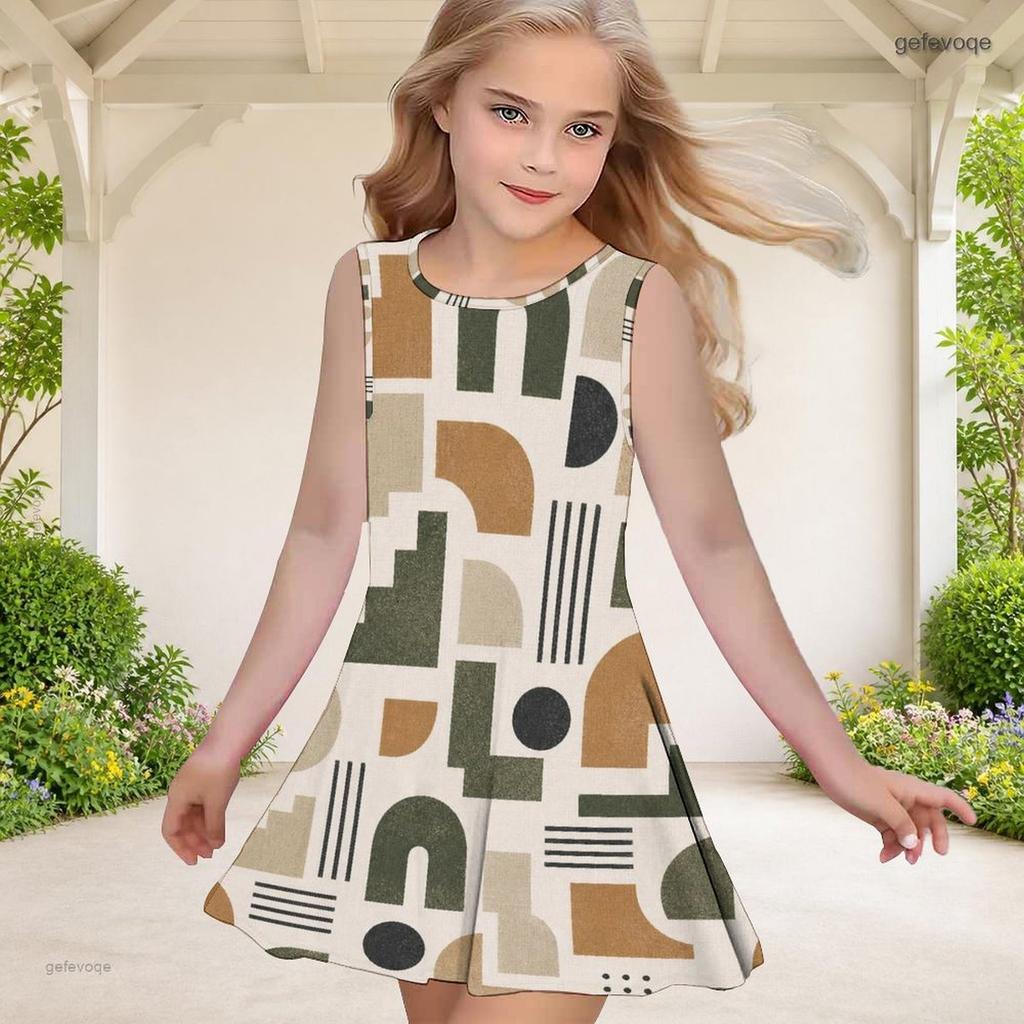 Girls Sleeveless Round Neck Geometric Printed A Line Flared Dress Red Black Beige