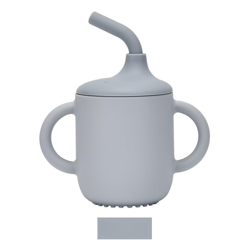 Learning Drinking Cup, Silicone Straw Cup with Lid and Handle, Anti-drop. серый