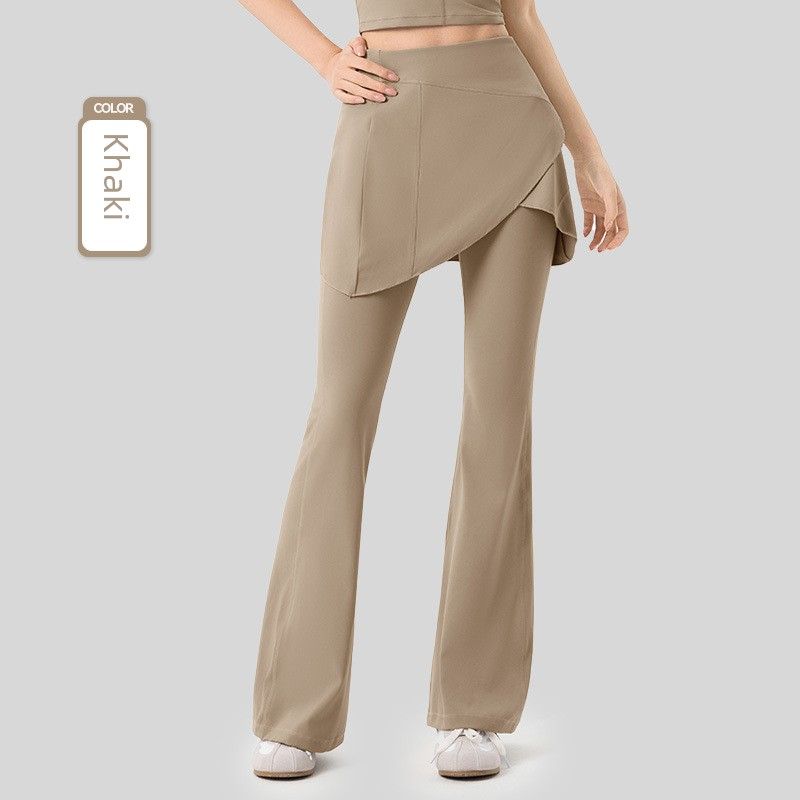 

Export New Fake Two-Piece Yoga Bell-Bottom Pants Detachable Fart Curtain Peach Hip Raise Fitness Pants High Waist Micro Pull Loose Pants Khaki XL