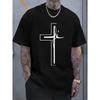 European Sizes Men's Casual Short Sleeve T-Shirt | Breathable Round Neck White Cross Print Black Religious Pattern Top, Spring Summer Autumn Outdoor