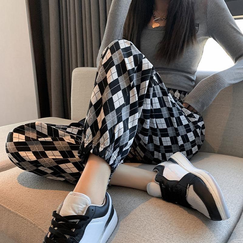 

Летние женские шаровары с клетчатым принтом, повседневные укороченные брюки с высокой талией и корсетом 4XL чёрный