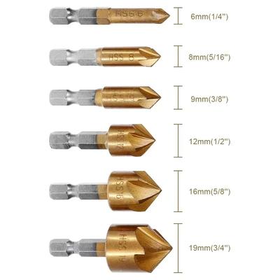6PCS 1/4' Hex HSS Titanium Plated Five Edged Chamfer Drill Woodworking Reaming Countersink Drill Set 6/8/9/12/16/19mm