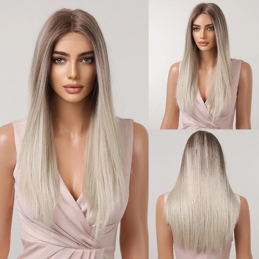 ALAN EATON Hellbraune gerade Lace-Front-Perücken, Mittelscheitel, Ombre-Blonde Spitze, synthetische Perücke, natürlicher Haaransatz, hitzebeständig