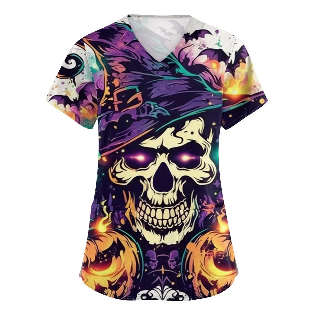 Women's V-neck Halloween Printed Short-sleeved Pocket Side-slit Protective Suit Top