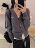 European V-Neck 100% Wool Knit Cardigan - Women's Autumn/Winter Embroidered Long Sleeve Sweater