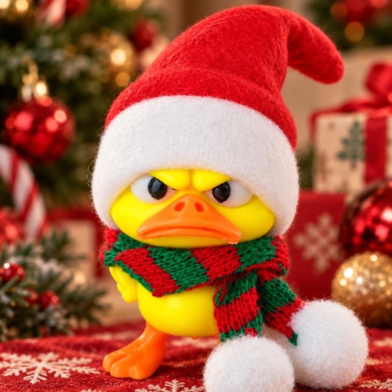 3D-Printed Christmas Duck Figurines, Funny Angry Yellow Duck Deccorations with Red, White, and Green Trim for Desks, Shelves, Entryways, and Cabinets