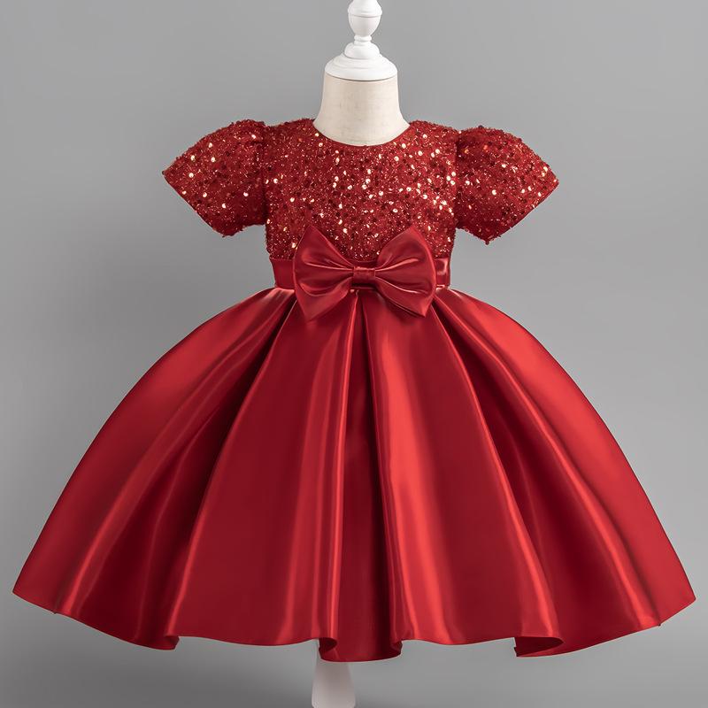 Girls' Sequin Satin Short Sleeve Evening Dress - Puffy High-End Birthday Costume