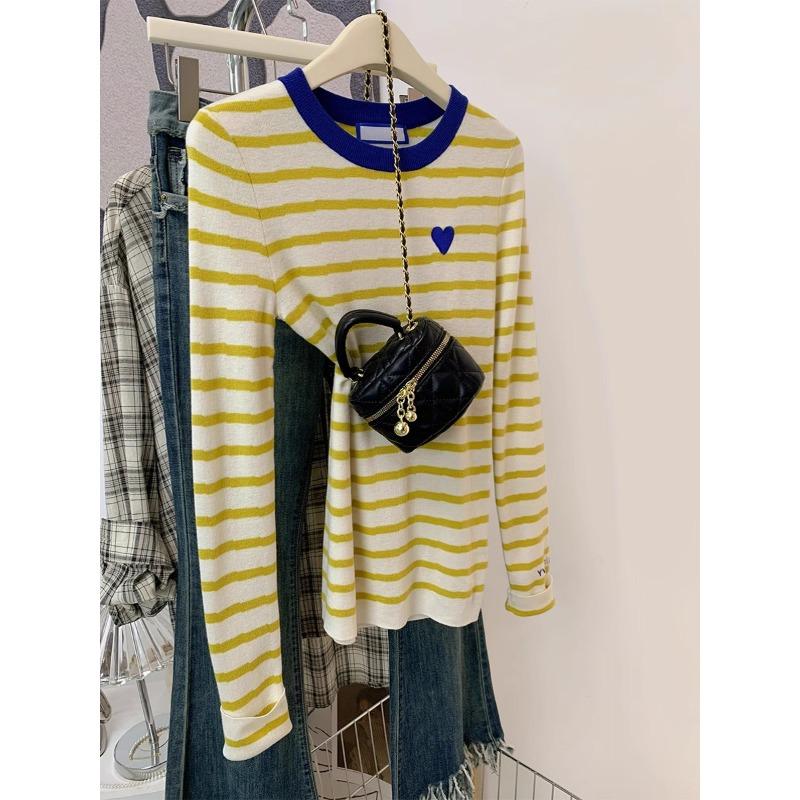 Yellow Love Striped Knitted Long-sleeved T-shirt Women's Early Spring Design Sense Niche Slim-fitting Front Shoulder Top Small Man