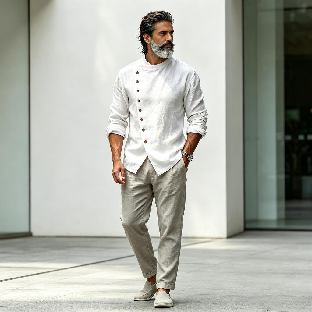 Men's Retro Loose Fit Color Neck Shirt for Spring and