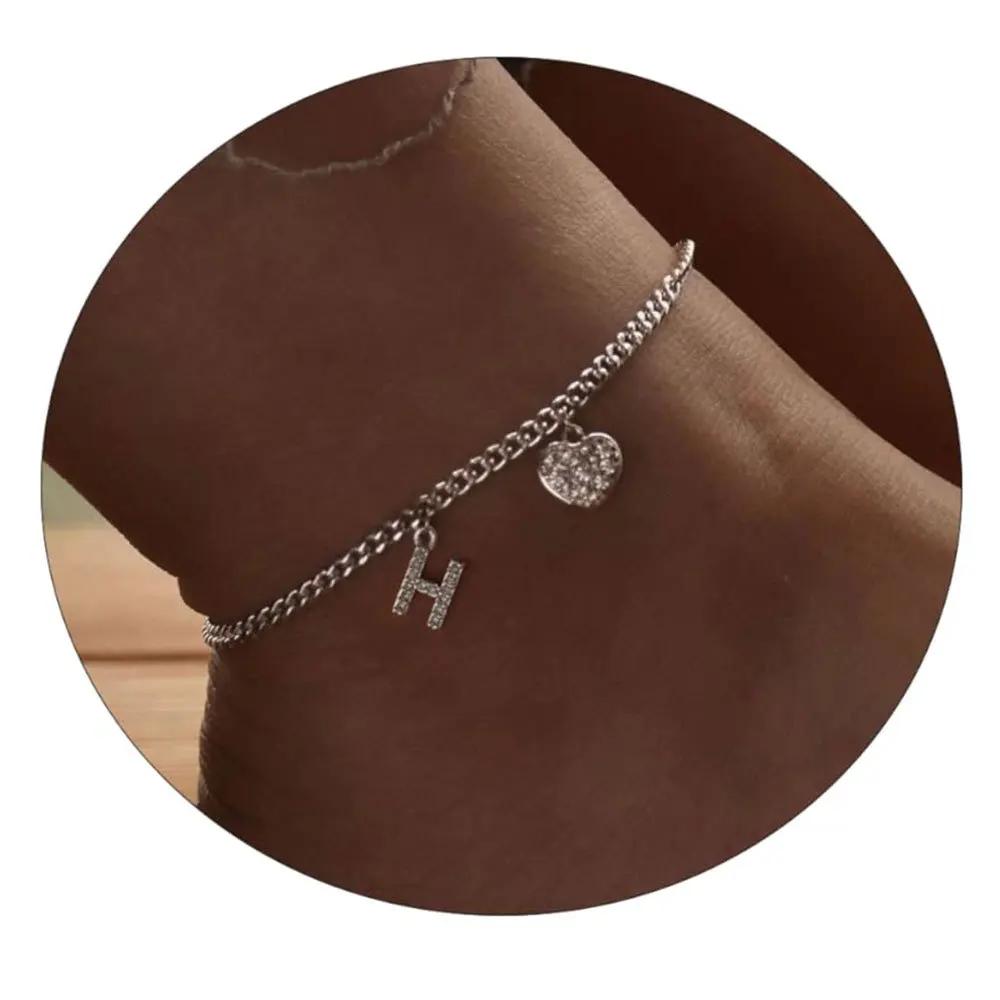 26 Initial Stainless Steel Anklet For Women Crystal Letter Heart Color Chain Ankle Bracelet Summer Jewelry Accessories