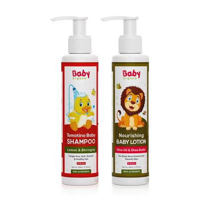 BabyOrgano® Baby Shampoo & Baby Body Lotion Hair & Skin Nourishment Combo for Newborns and Children (200ml Each)