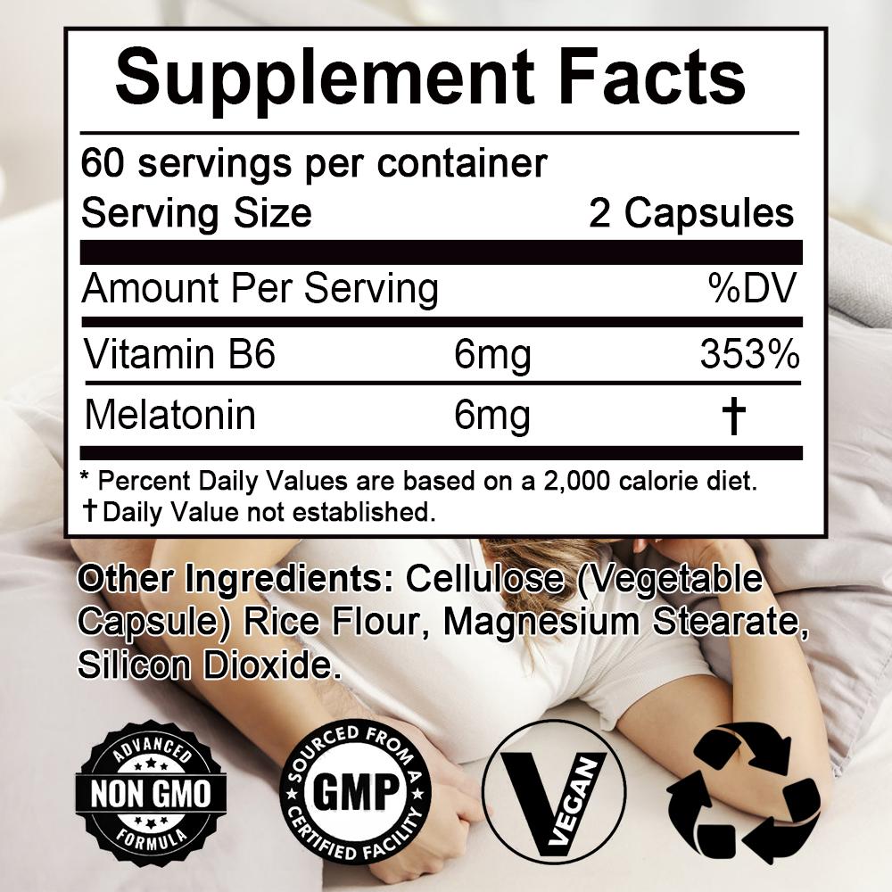 Nighttime Dietary Supplement Capsules with Vitamin B6, Vegan Non‑GMO Gluten‑Free Soy‑Free,120 Capsules