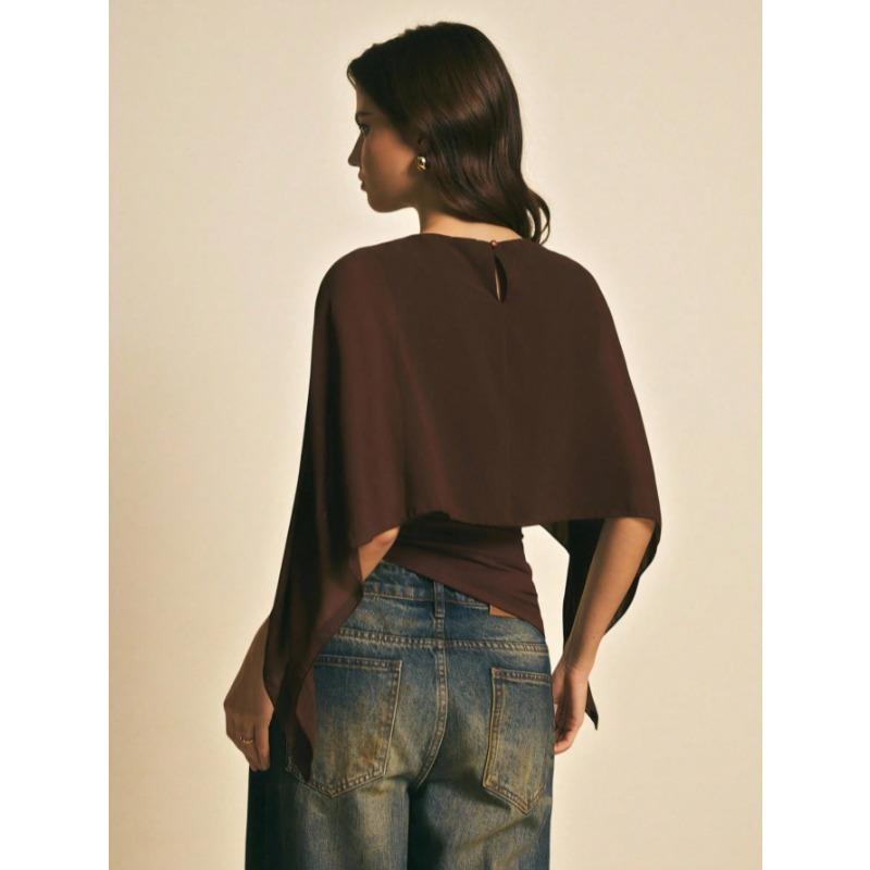 Women Irregular Pleated Covers New Slim Fit Short Blouse Fashion O-neck Elegant T-shirt Spring Loose Solid Color Casual Crop Top