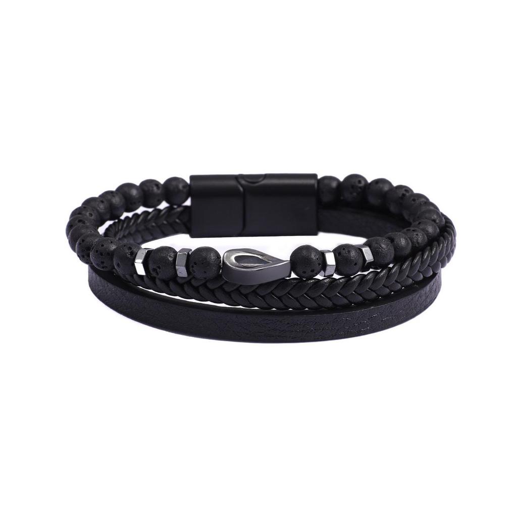 Men's Multi-Layer Braided Leather Bracelet with Natural Stone & Beaded Alloy Accents