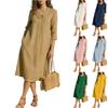 Women Style Lapel Collar Midi Dress Linen Three Quarter Sleeve A Line Vacation Dress with Pockets