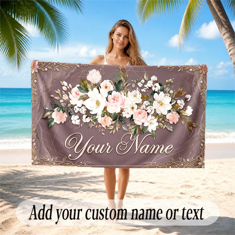 Floral Garden Theme Soft Beach Towel Personalized Custom Name Text Towel Portable for Beach Pool Travel