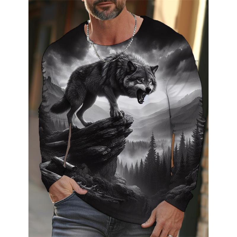 2024 Neues Langarm-T-Shirt für Herren mit 3D-Druck und hochauflösendem Wolf-Tierdruck für Herren im Herbst, lässiges T-Shirt mit Rundhalsausschnitt