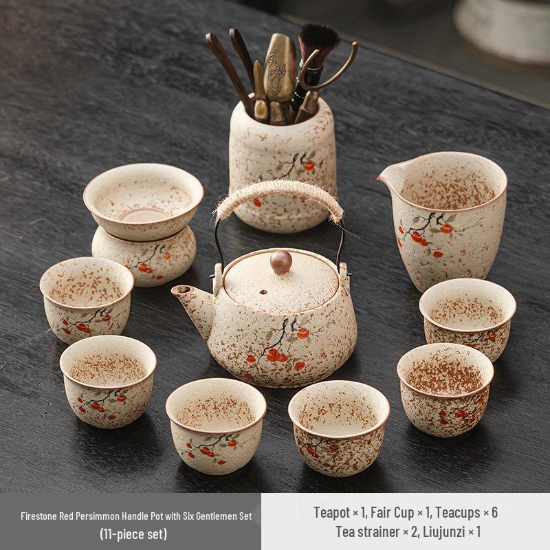 High-End Flint Red Gongfu Tea Set with Ceramic Kettle, Teacups, and Teaplatters