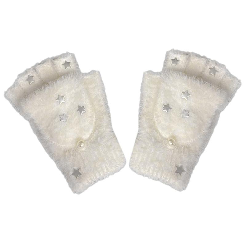 Half Finger Screentouch Gloves with Star Decors Soft Rex Rabbit Furs Short Gloves for Students Girl Winter Daily Wear