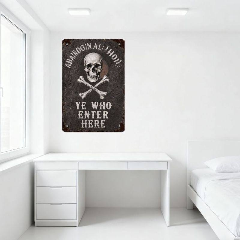 Vintage 'Abandon All Hope' Skull Crossbones Metal Sign, Gothic Pirate Warning Tin Sign for Bar Pub Home Wall Decor, Rustic Aged