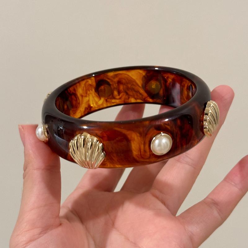 Pearl & Seashell Embedded Cuff Bangles - Ocean Theme Boho Resin Bracelet Trendy Stackable Bracelets for Women
