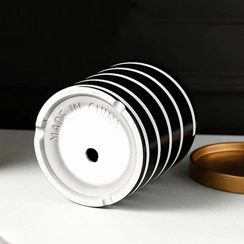 Nordic Black And White Striped Ceramic Flower Pot With Tray Round Potted Desktop Flower Arrangement Container Home Decorations