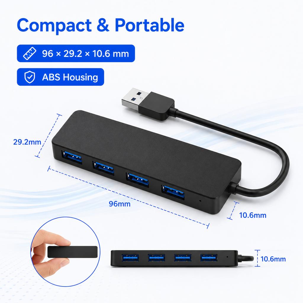 4-Port USB 3.0 Hub 5Gbps High Speed 4-in-1 Portable ABS USB Splitter Plug-and-Play Expansion for Laptops & PCs in Stock