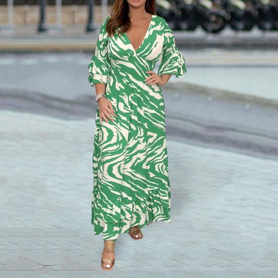 

Женское платье макси с глубоким v-образным вырезом и расклешенными рукавами 3/4, манжеты с рюшами, высокая эластичная талия, модное длинное платье со свободным подолом и принтом S красный