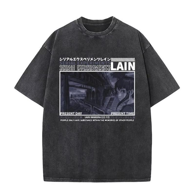 Anime Giapponese Seriale EsperiUnisexts Lain Vintage Lavato Maglietta Unisexga Iwakura Ragazza Sci Fi T-shirt Unisex Cotone Casuale Maglietta