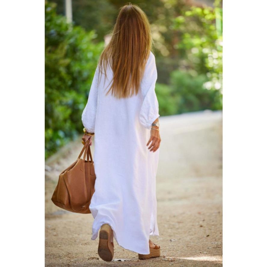YYFS Women's Fashion Summer Spring Solid Color Print 3/4 Sleeves V-Neck Loose Waistline Casual Dresses