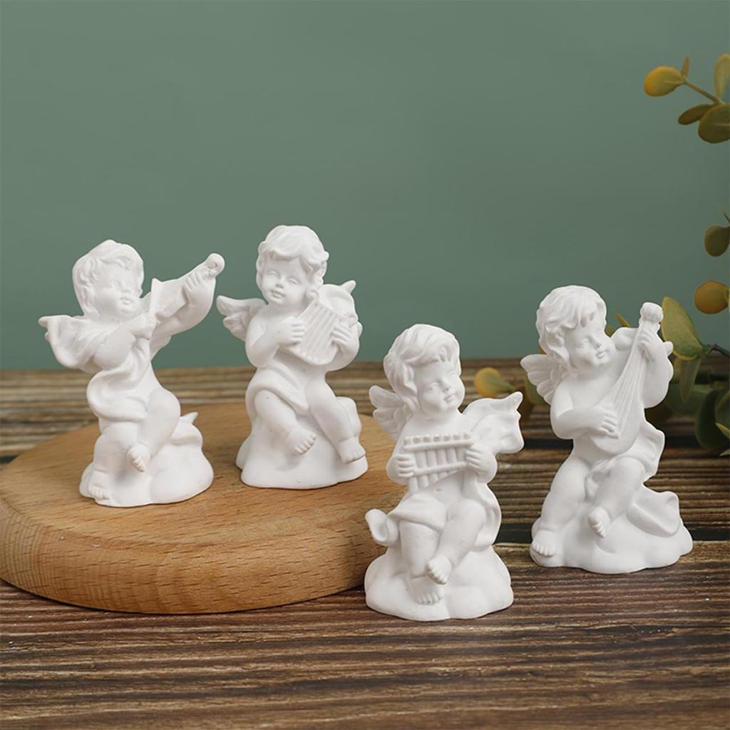 [Queen-b] Set of 4 Angel Figurines, Angel Objects, Interior Ornaments, Mini Decor, Cute, White Resin, Stylish Accessories