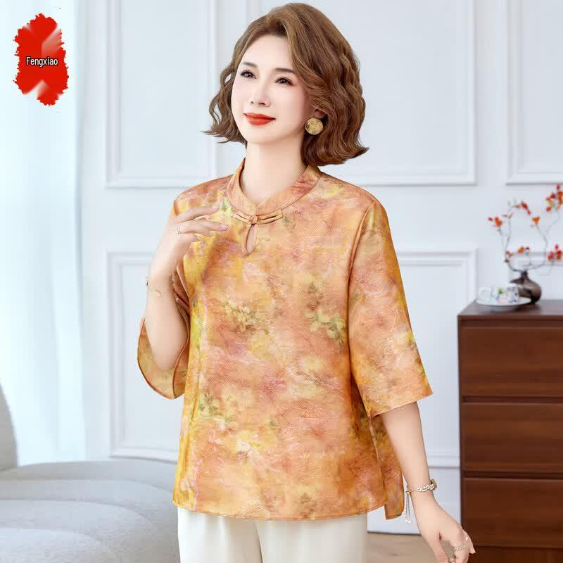 Elegant Chinese Style Summer Blouse for Mid-Aged Women 2XL