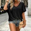 Loose Fit V Neck Short Sleeve T Shirt Casual Lightweight Wrinkled Texture Summer Top for Women Comfortable Everyday Wear