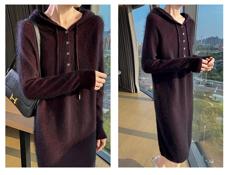 Versatile Hooded Knitted Dress - Autumn/Winter 2025: Slimming, Loose, Long Dress Shirt.