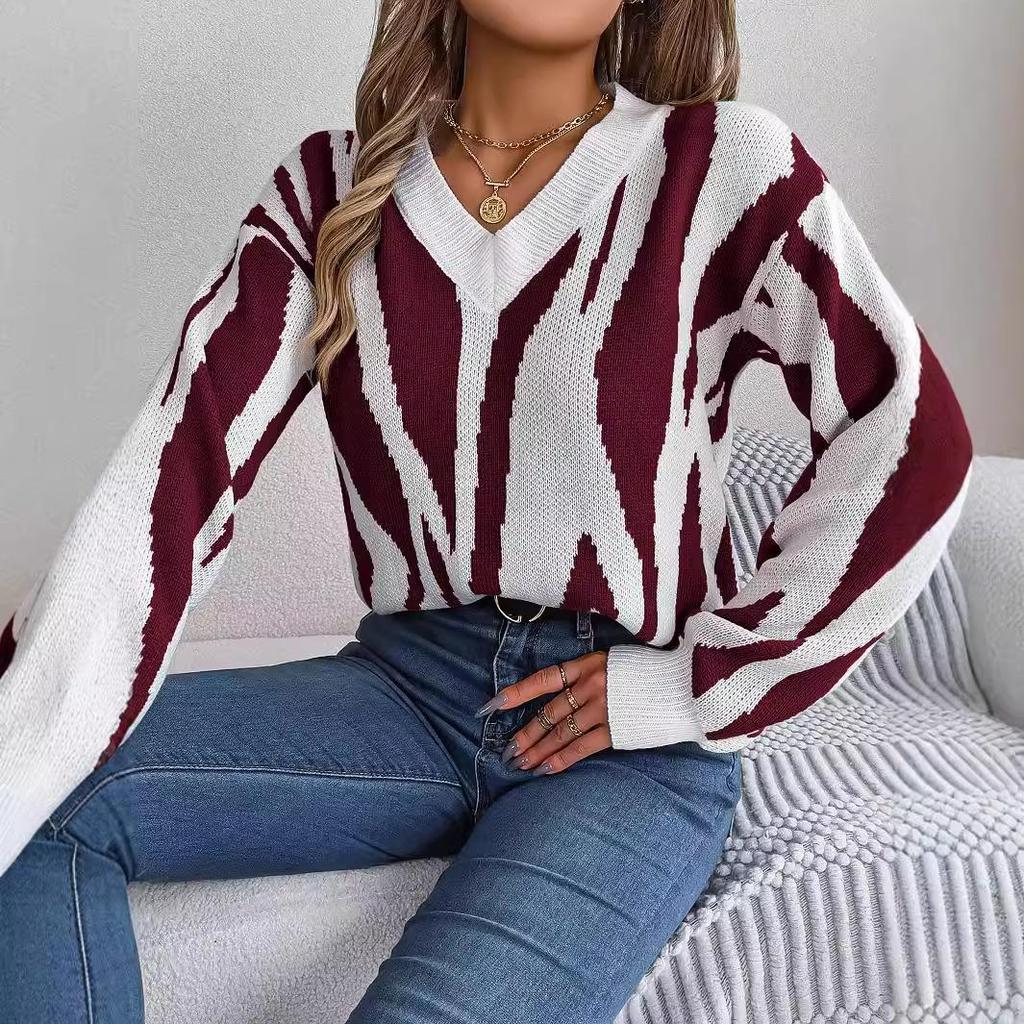 Herbst Winter Vintage Locker Langarm Oberteil Druck Farbe Strickjacke Strickware V-Ausschnitt Pullover