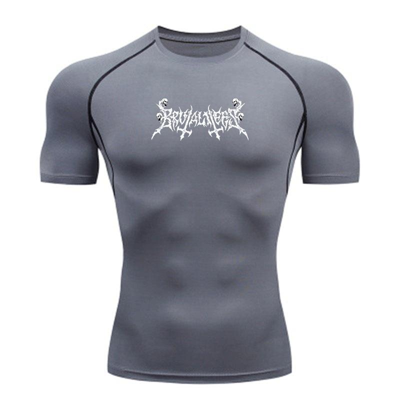 Men's Compression Fitness Sports T-Shirt, Breathable Quick Dry Skull Thorn Print Athletic Top for Gym Workout Running Training Active Wear