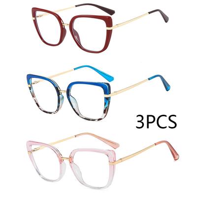 3PCS Trendy Oversized Glasses Frame Women Square Leopard Cat Eye Blue Light Blocking Eyewear
