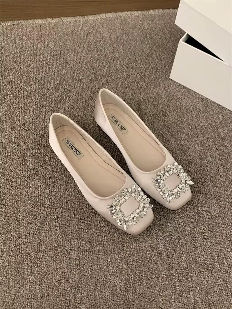 

2025 весна и осень новая универсальная обувь для通勤, одинарная обувь со стразами и квадратной пряжкой, туфли-лодочки с мелким вырезом, балетки, женская обувь в французском стиле 39 абрикосовый