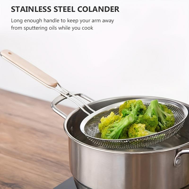Stainless Steel Strainer Skimmer With Heat-Resistant Wooden Handle - Oil Filter Mesh Kitchen Tool Multi-Purpose Durable Kitchen Utensil