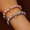 Blue Floral Printed Round Bead Bracelet Gold Tone Stone Bow Charm Vintage Chinese Style Elegant Wrist Jewelry for Women