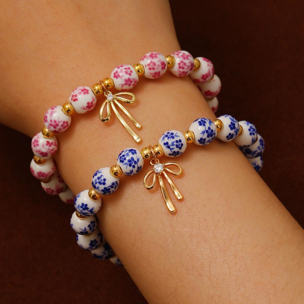 Blue Floral Printed Round Bead Bracelet Gold Tone Stone Bow Charm Vintage Chinese Style Elegant Wrist Jewelry for Women