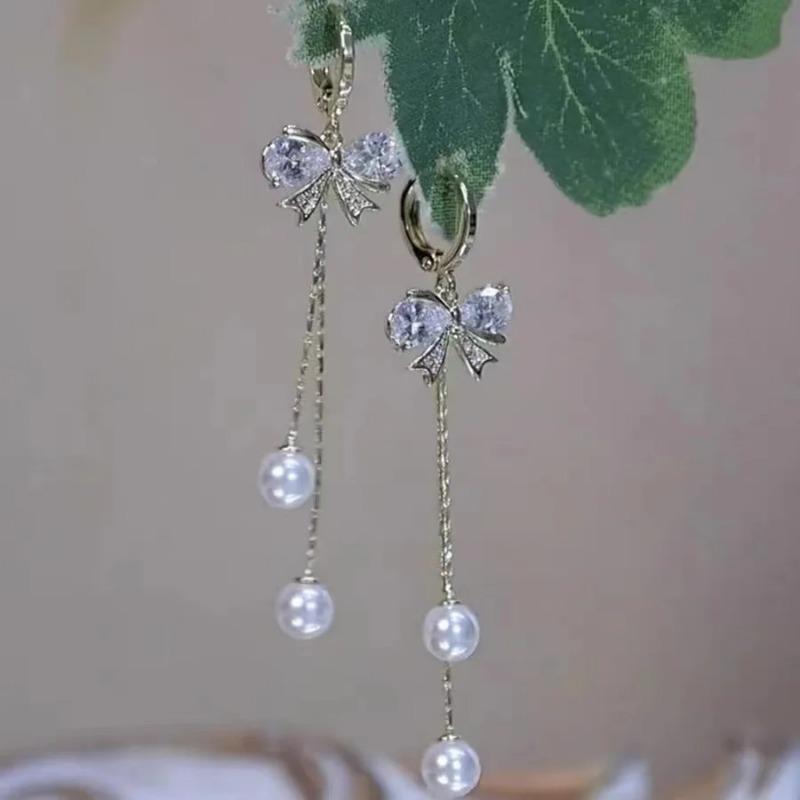Temperament Zircon Pearl Butterfly Drop Earrings For Women Shiny Crystal Bow Long Tassel Earrings Girls Daily Party Jewelry Gift