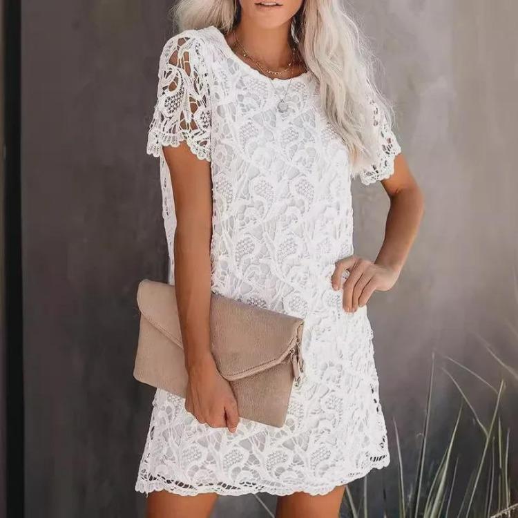 

Hollow Lace Midi Skirt European American Round Neck Fashion S білий