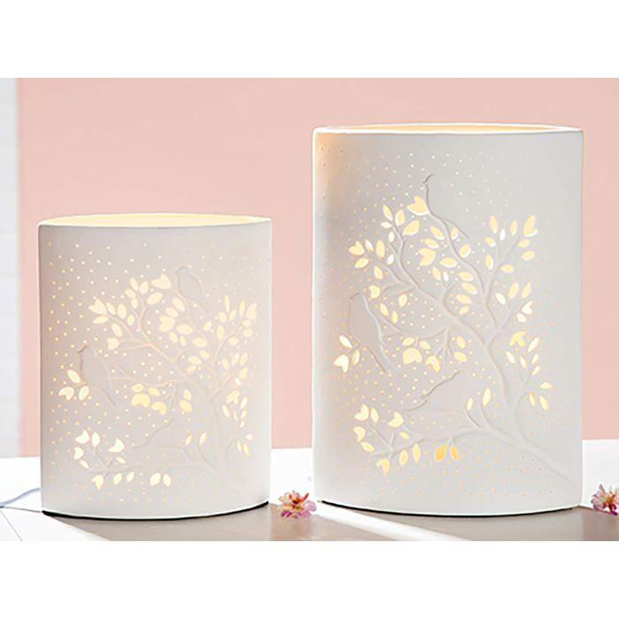 Lampe de table décorative - GILDE - Motif oiseaux sur arbre - Porcelaine blanche - H 20 cm - Douille E14