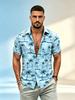 [Print Design - Not Textured] Light Blue Palm Tree Wave Print Short Sleeve Shirt, Men'S Lapel Open Collar Beach Vacation Style Half Sleeve Blouse,